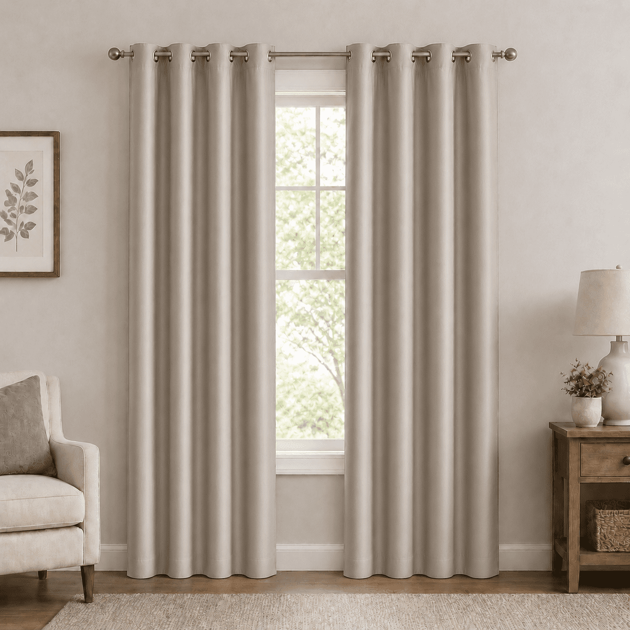 Primebeau Energy Saving Solid Grommet Blackout Curtain Set, 52 x 96 (2 Panels), Pumice Stone Color