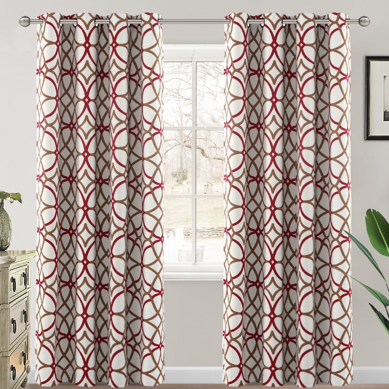 PrimeBeau Thermal Insulated Blackout Curtains for Living Room/Dining Room, Noise Reducing Curtain Drapes for Bedroom, Grommet Curtains Draperies 96 inch Long for Glass Door (Geo in Red & Taupe)