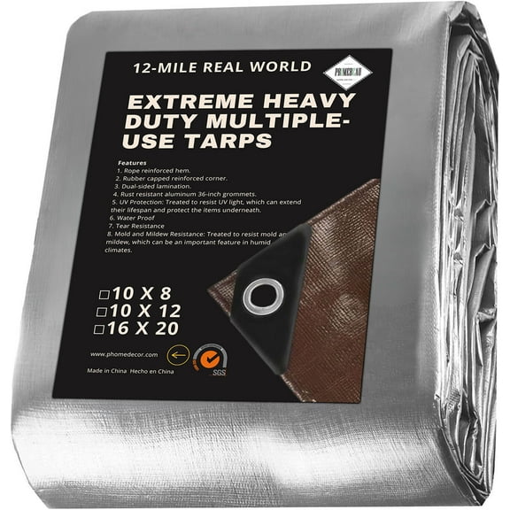 PrimeBeau Ultra-Durable Tarp 10x8, Silver - 12 Mil, All-Weather Resistant, UV & Tear Proof, Reinforced Grommets