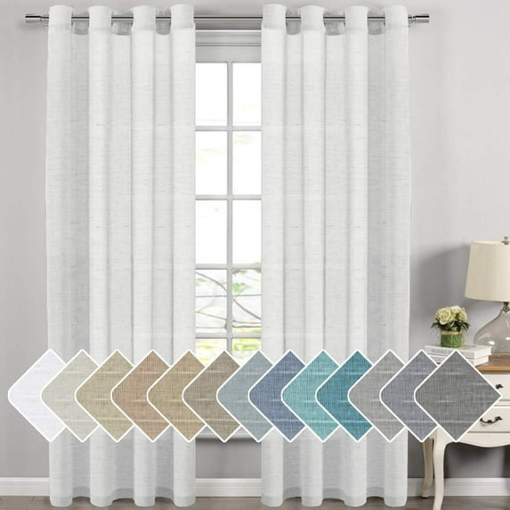 PrimeBeau White Linen Curtain Panels / Home Decorative Rich Natural Linen Sheer Curtains for Bedroom - 2 Panels - Elegant Nickel Grommet Top - 52x84 - Inch