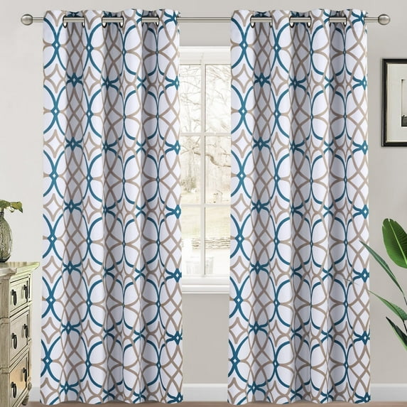 PrimeBeau Thermal Insulated Blackout Curtains, 96" inch, Thick Soft Grommet, 2 Panels, Teal Taupe Geo Pattern