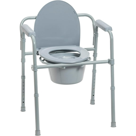 PrimeCook Shop 11148-1 Folding Steel Bedside Commode Chair, Portable Toilet, Supports Individuals Weighing Up To 350 Lbs, with 7.5 Qt. Bucket and 13.5 Inch Seat, Grey