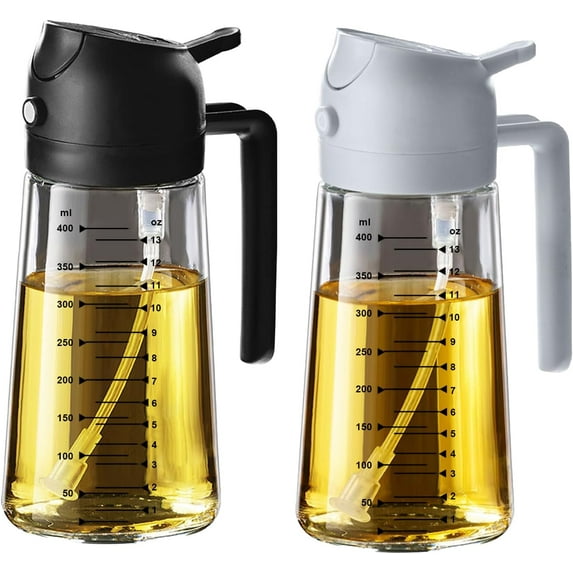 PrimeCook Shop 16oz/470ml Glass Olive Oil Sprayer for Cooking – 2 in 1 Olive Oil Dispenser Bottle for Kitchen Gadgets and Air Fryer Accessories, Salad, BBQ - Black & Ash