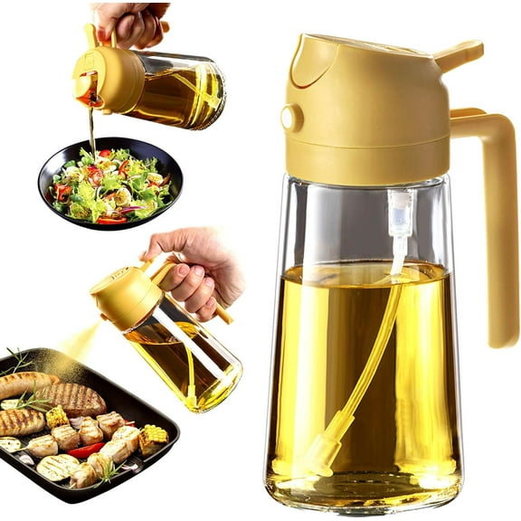 PrimeCook Shop 16oz/470ml Glass Olive Oil Sprayer for Cooking – 2 in 1 Olive Oil Dispenser Bottle for Kitchen Gadgets and Air Fryer Accessories, Salad, BBQ - Yellow