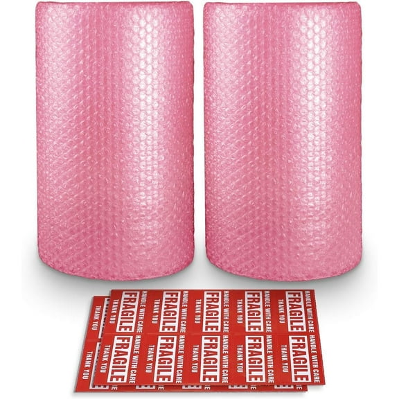 PrimeCook Shop 2-Pack Anti-Static Bubble Cushioning Wrap Rolls, 3/16" x 12" x 72' ft Total, Perforated Every 12", 20 Fragile Stickers for Packaging, Shipping, Mailing