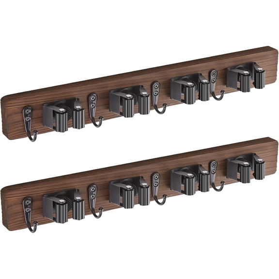 PrimeCook Shop 2 Pack Mop Broom Holder Wall Mount - Wood Broom Mop Hanger-Wall Mounted Garden Tool Rack Organizer for Closet Garage Laundry Room Farmhouse Rustic Kitchen Decor With 4 Slots & 4 Hooks