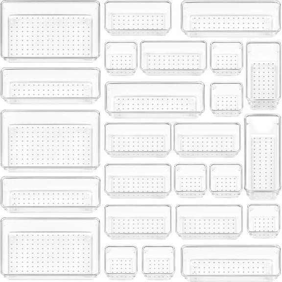 PrimeCook Shop 25 PCS Clear Plastic Drawer Organizers Set, 4-Size Versatile Bathroom and Vanity Drawer Organizer Trays, Storage Bins for Makeup, Bedroom, Kitchen Gadgets Utensils and Office
