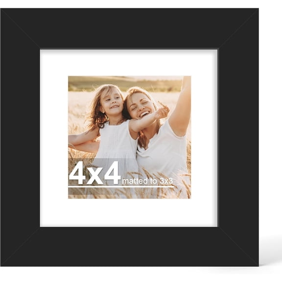 PrimeCook Shop 4x4 Picture Frame with Glass, Display Pictures 3x3 with Mat or 4 x 4 without Mat - Wall and Tabletop, 4 by 4 Photo Wooden Frames (Black, 1 Pack)