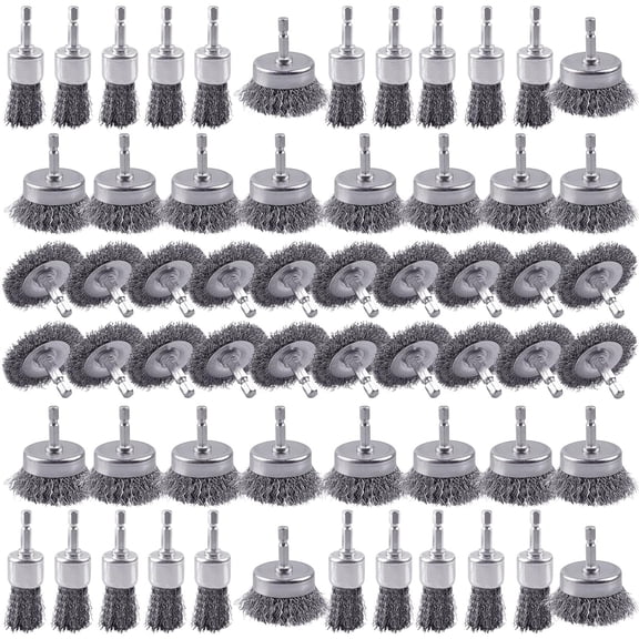 PrimeCook Shop 60 Pack Carbon Steel Wire Wheel Brush Set - Cup, Wheel, and Pen Brushes With 1/4-Inch Hex Shank for Rust Removal, Corrosion and Scrub Surfaces