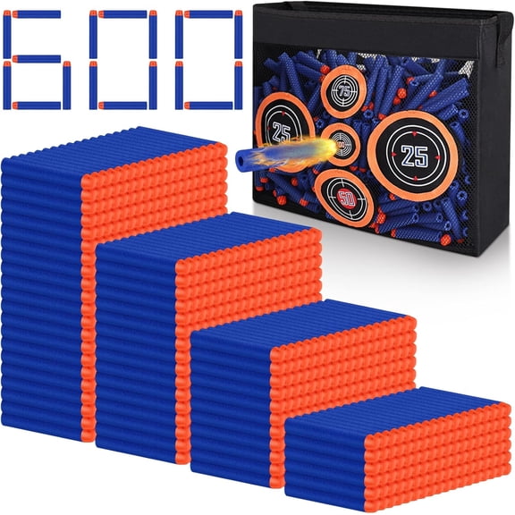 PrimeCook Shop 600PCS Refill Bullets Fit for Nerf Guns N-Strike Elite Series Blasters Toy Guns Darts with Portable Shooting Practice Target Toy Storage Mesh Bag