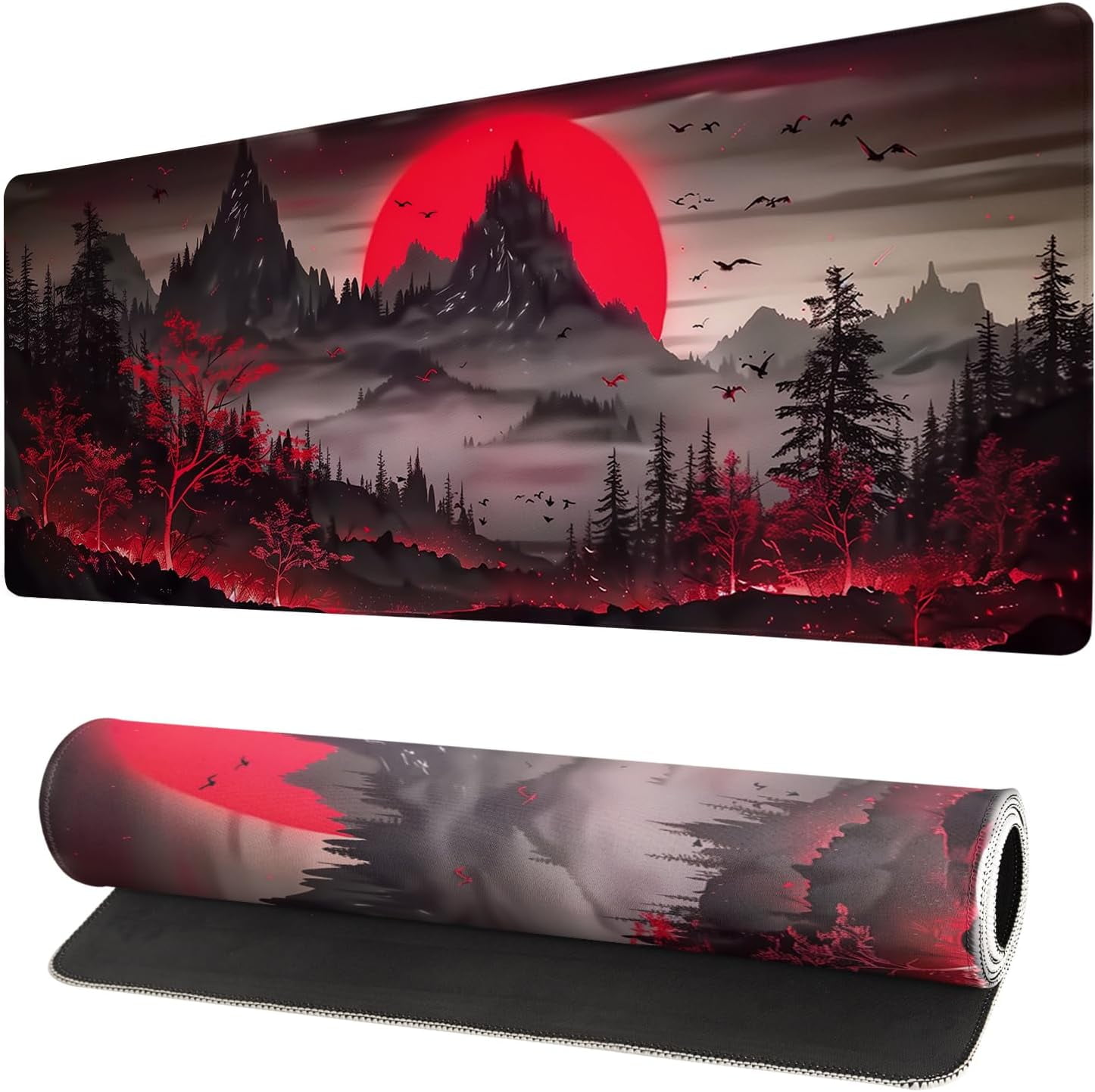 PrimeCook Shop Extended Gaming Mouse Pad, Large Desk Mat XL Anime Mouse Pad Waterproof with Stitched Edges, Non-Slip Desktop Pad for Home and Office, Level Up Your 31.5x11.8 Inch (Darkness Red Moon2)