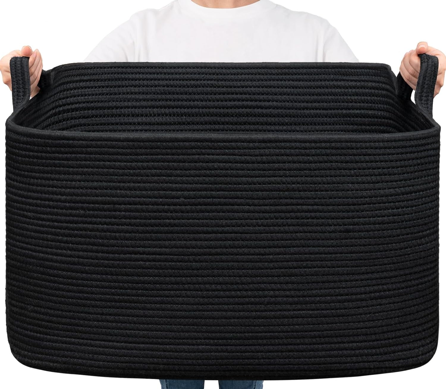 PrimeCook Shop Extra Large Storage Basket, 23.6" x 15.7" x 13.8" Rectangle Cotton Rope Basket for Blankets, Pillows, Toys, Woven Dirty Clothes Baskets for Laundry, Black
