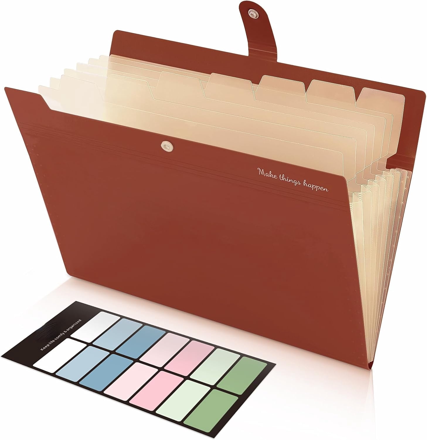 PrimeCook Shop File Folder with Labels, Accordion File Organizer with 8 Pockets, Portable Document Organizer, A4 Letter Size, Paper Organizer for Office, Brown