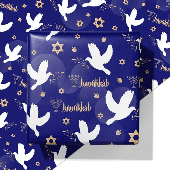 PrimeCook Shop Hanukkah Wrapping Paper - Festival Gift Wrap with Doves, Menorahs, Star of David & Hanukkah Design - Perfect for Jewish Holiday Presents - 40×28 Inches, 4 Folded Sheets
