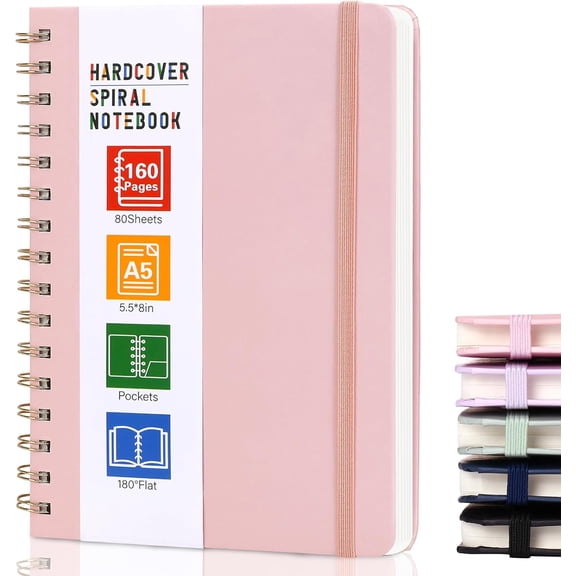 PrimeCook Shop Hardcover Spiral Notebook for Women, A5 Lined Pink Journaling Notebooks for Work, 5.5 x 8in 160Pages Spiral Journal for Writing