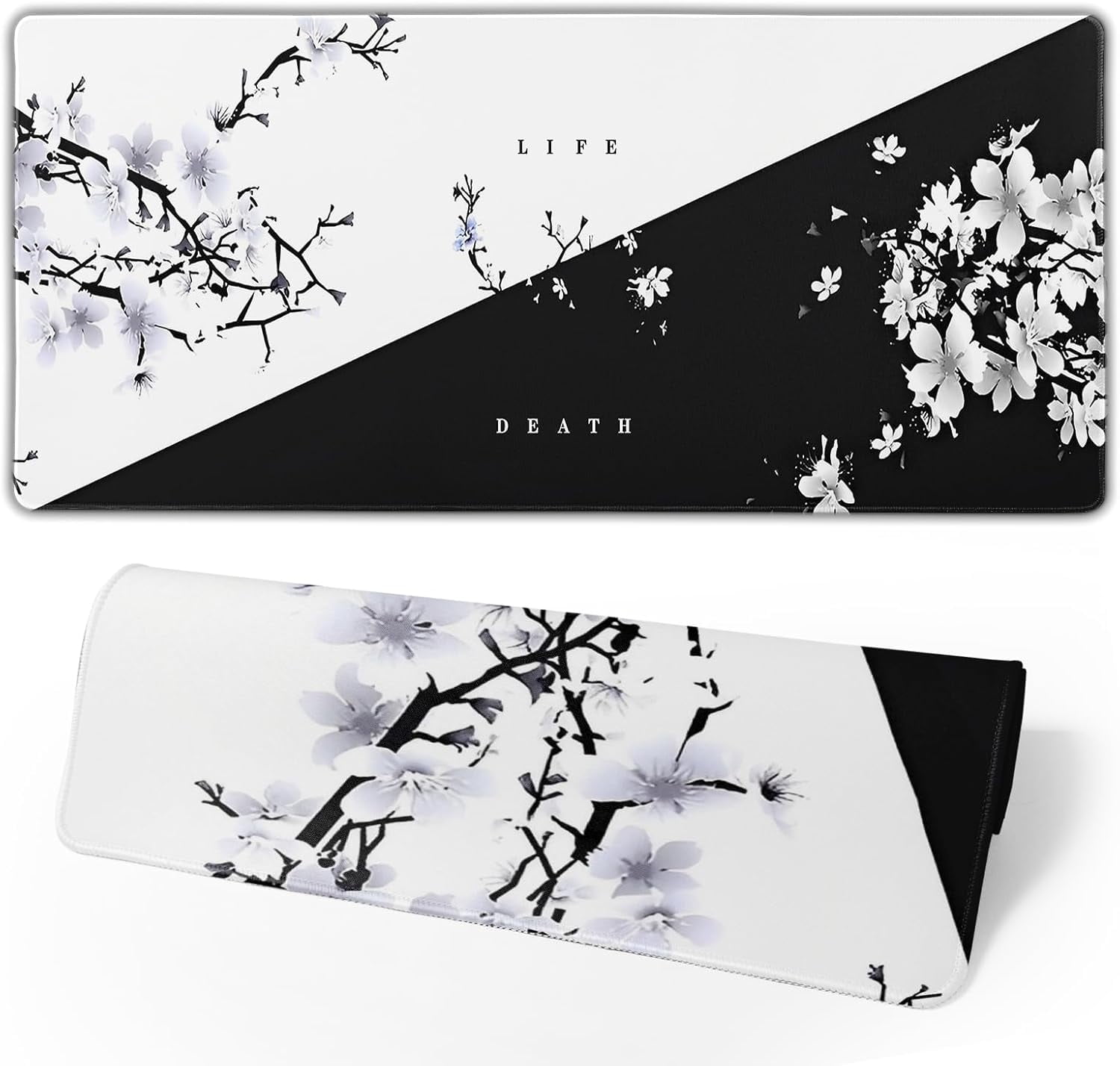 PrimeCook Shop Japanese Life Death Keyboard Mat, Black White Japanese Anime Gaming Mouse Pad for Desk with Anti-Slip Rubber Base and Stitched Edges, Japanese Sakura Pagoda Sun Mouse Pad