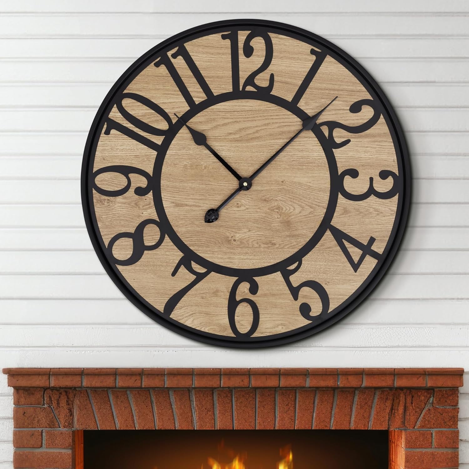 PrimeCook Shop Large Wall Clock for Living Room,Metal & Wood Silent Rustic Farmhouse Wall Clock with Arabic Numeral, Battery Operated Decorative for Bedroom Office Home Decor 20inch Black
