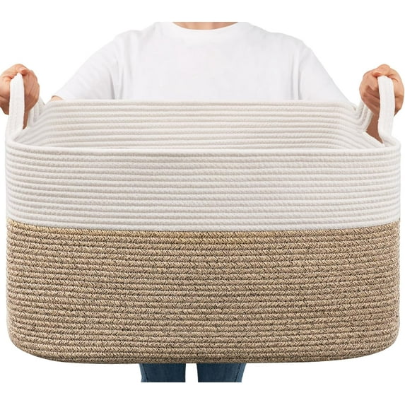 Large Rectangular Woven Cotton Rope Basket 21.6×14.9×11.8 in White Brown Storage Bin for Blankets Toys Bedroom Living Room