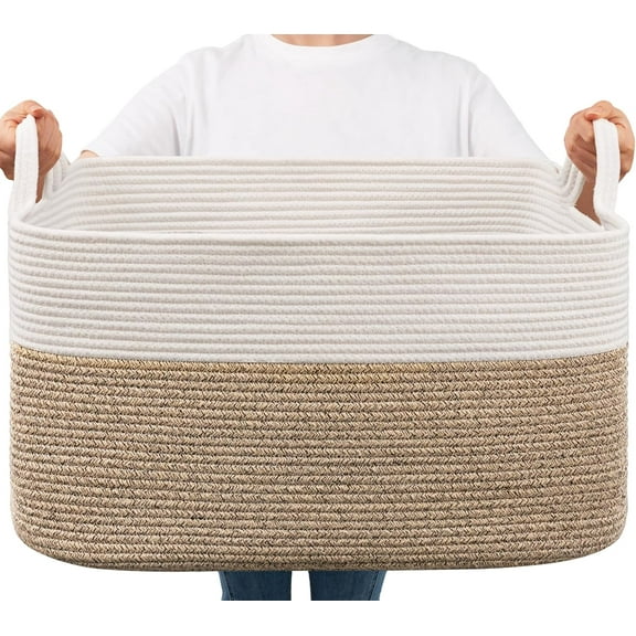 Large Rectangular Woven Cotton Rope Basket 21.6×14.9×11.8 in White Brown Storage Bin for Blankets Toys Bedroom Living Room