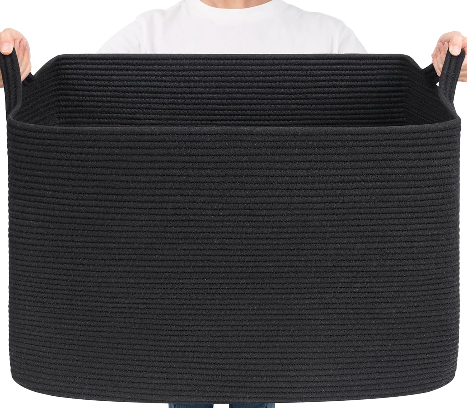 PrimeCook Shop Large Woven Storage Basket, 105L Extra Large Blanket Basket for Living Room, Bedroom, Rectangle Cotton Rope Organizer for Toy Storage, 25”x16”x16”, Black