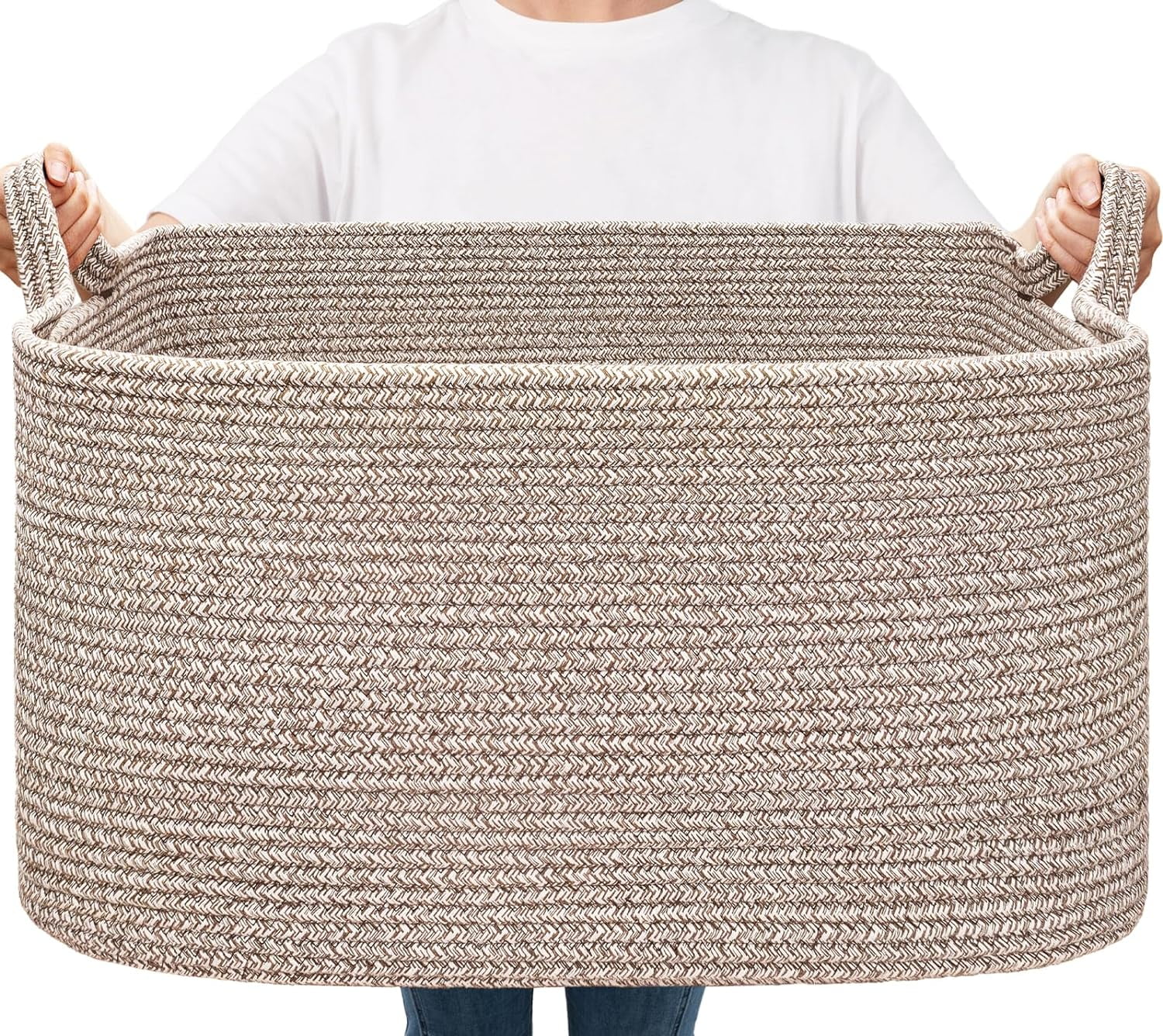 PrimeCook Shop Large Woven Storage Basket, 21.6" x 14.9" x 11.8" Blanket Basket for Living Room, Bedroom, Rectangle Rope Storage Organizer for Clothes, Toys, Brown