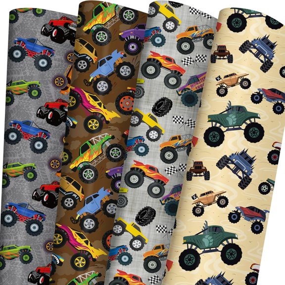 PrimeCook Shop Monster Trucks Wrapping Paper for Kids Birthday Baby Shower - Gift Wrap with Monster Trucks, Checkered Flag Designs - 20 x 29 Inches, 8 Folded Sheets, Recycled…