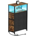thumbnail image 1 of PrimeCook Shop Narrow LED Night Stand with Charging Station, Slim End Table with Plugins, Tall Side Table with 3 Fabric Drawer, Small Bedside Table with Storage, for Living Room, Brown, 1 of 14