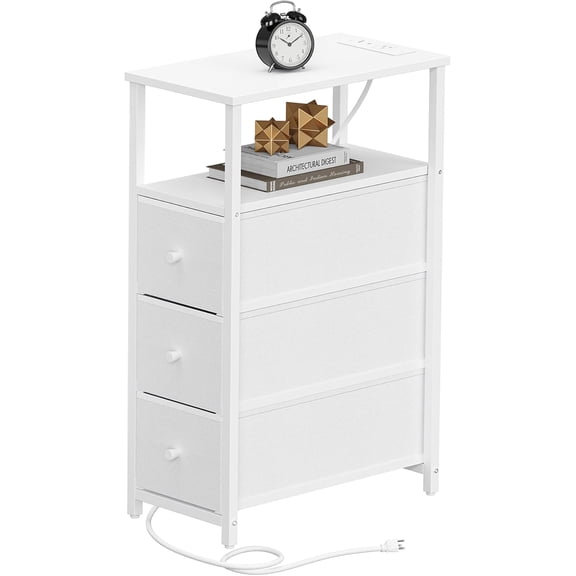PrimeCook Shop Narrow Night Stand with Charging Station, Slim End Table with Plugins, Tall Side Table with 3 Fabric Drawer, Small Bedside Table with Storage, Living Room, Bedroom, White