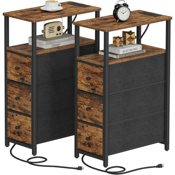 PrimeCook Shop Narrow Night Stand with Charging Station, Slim End Table with Plugins, Tall Side Table with 3 Fabric Drawer, Small Bedside Table with Storage, Set of 2, Living Room, Bedroom, Brown