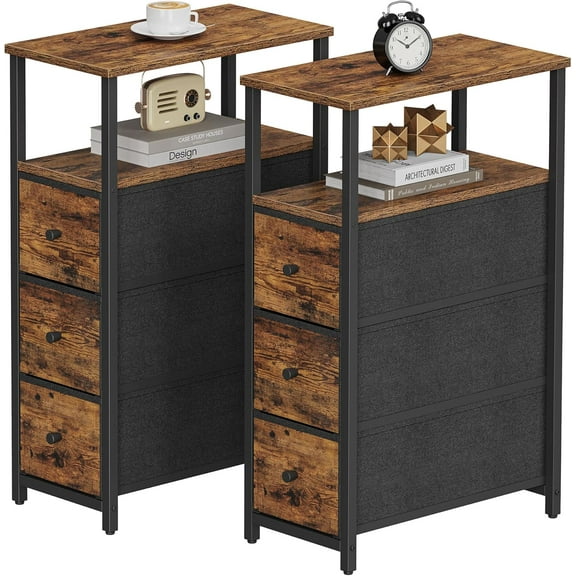 PrimeCook Shop Narrow Night Stand, Slim End Table, Tall Side Table with 3 Fabric Drawer, Small Bedside Table with Storage, Set of 2, for Living Room, Bedroom, Brown