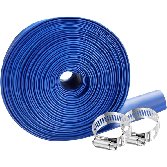 PrimeCook Shop PVC HOSE 1-1/2"*100ft, Pool Backwash Hose, Heavy Duty Reinforced Blue PVC Lay Flat Water, For Swimming Drain Pools and Clean Filters, with 2 Clamp