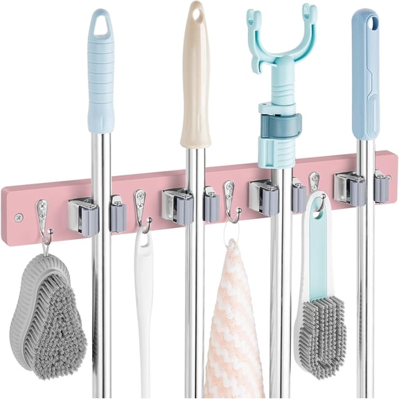 PrimeCook Shop Pink Mop Broom Holder Wall Mount with 4 Slots & 4 Hooks - Wood Broom Mop Hanger for Pantry Closet Laundry Room Kitchen Organization - for Pink Kitchen Decor and Accessories