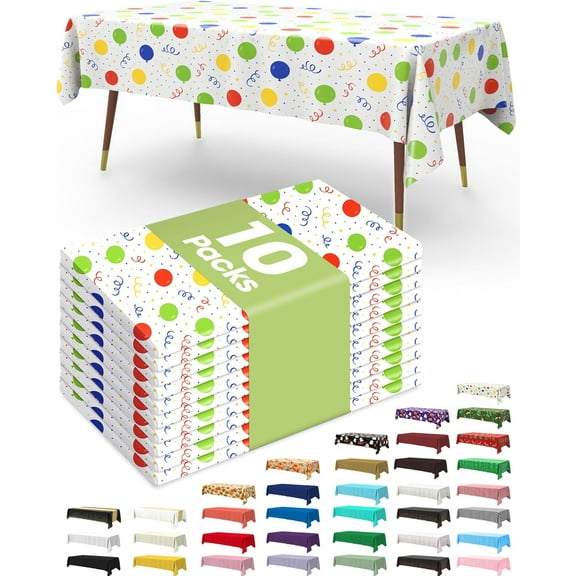 PrimeCook Shop Plastic Table Cloth Disposable 10 Pack,54 x 108 Inch Table Cloths, Birthday Party Decorations,Picnic, White Tablecloths, Rectangle, Colorful, Rainbow Cover, Leakproof & Sturdy, Balloon