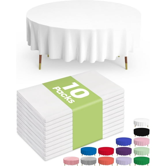 PrimeCook Shop Plastic Table Cloth Disposable 10 Pack, 84'' Round Table Cloths, Party, Picnic, Wedding, Decorative Tablecloths, Round, White Plastic Cover, Leakproof & Sturdy, White