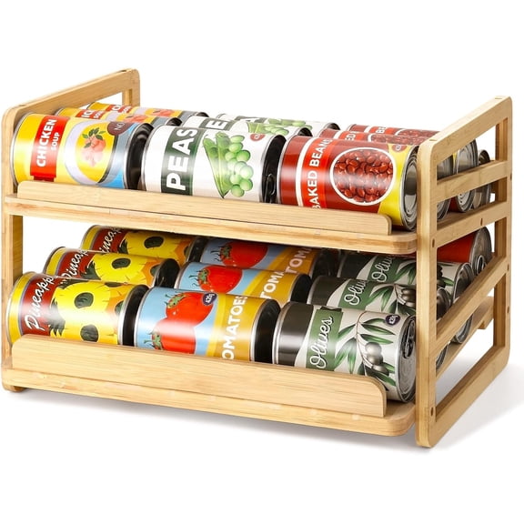 PrimeCook Shop Rolling Bamboo Can Organizer Rack, Stackable Can Storage | Double-Layer Can Storage for Pantry, Canned Goods Holder Dispenser For Countertop Kitchen Cabinet or Pantry Shelf