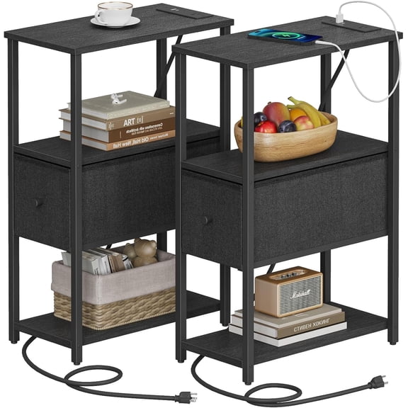 PrimeCook Shop Small Narrow End Table with Charging Station, Set of 2, Side Table with Outlets, Nightstand with Cloth Drawer, Couch Table, for Living Room, Bedroom, Bedside, Black
