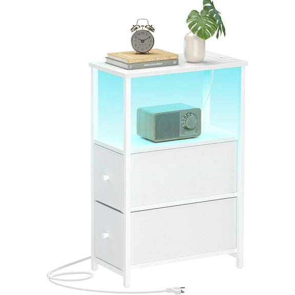 PrimeCook Shop Small Narrow LED End Table with Charging Station, Side Table Outlets, Nightstand with 2 Cloth Drawers, Couch Table, for Living Room, Bedroom, Bedside, White