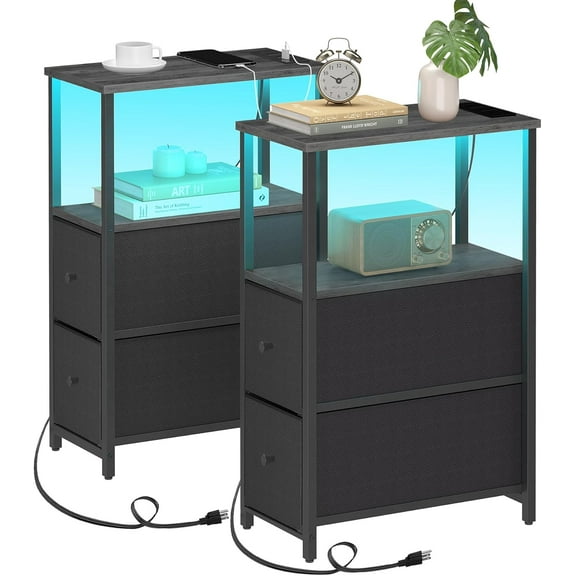PrimeCook Shop Small Narrow LED End Table with Charging Station, Side Table Outlets, Nightstand with 2 Cloth Drawers, Set of 2, Couch Table, for Living Room, Bedroom, Bedside, Charcoal Grey