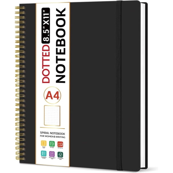 PrimeCook Shop Spiral Dotted Notebook, 8.5"x11" Notebooks for Work, Large A4 Journal for Women & Men, Bullet Dotted Journal, Journaling Notebook for Writing, Plastic Cover Spiral Journal, Black