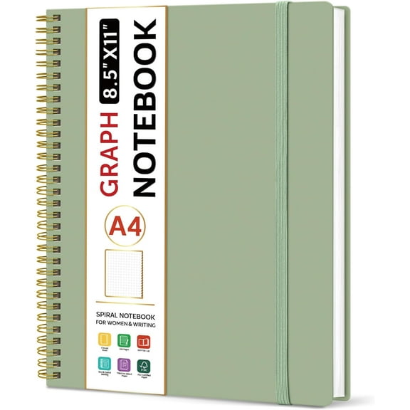 PrimeCook Shop Spiral Graph Notebook, 8.5"x11" Notebooks for Work, Large A4 Journal for Women & Men, Grid Notebook, Journaling Notebook for Writing, Plastic Cover Spiral Journal, Green