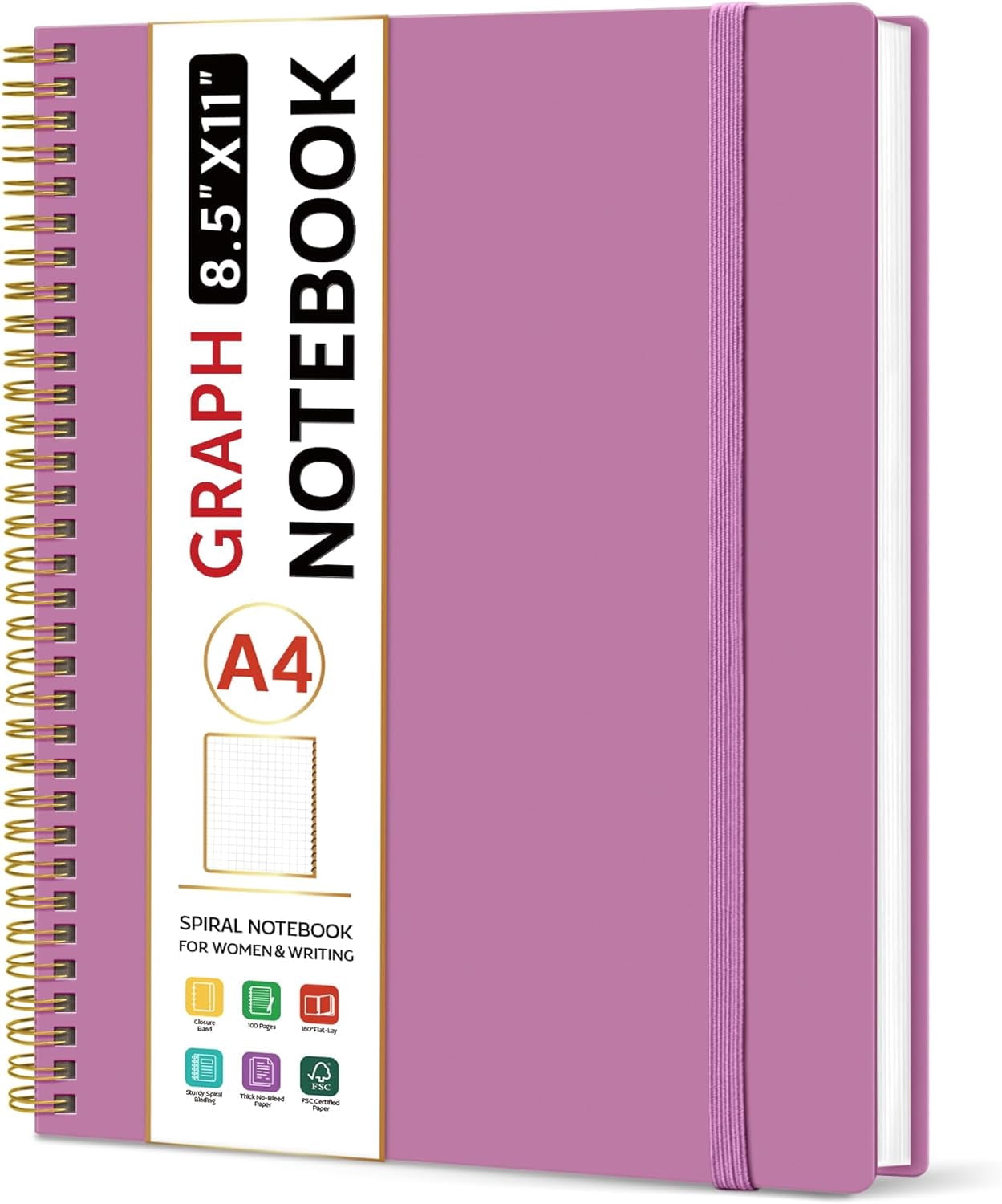 PrimeCook Shop Spiral Graph Notebook, 8.5"x11" Notebooks for Work, Large A4 Journal for Women & Men, Grid Notebook, Journaling Notebook for Writing, Plastic Cover Spiral Journal, Purple