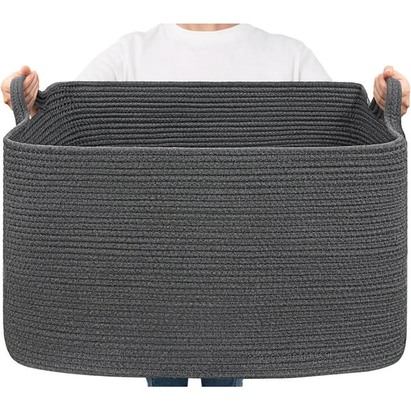 PrimeCook Shop Storage Basket, Rectangle Dirty Clothes Baskets for Laundry, Woven Basket for Living Room, Extra Large Cotton Rope Baskets for Toys, Blankets, 23.6" x 15.7" x 13.8", Dark Gray