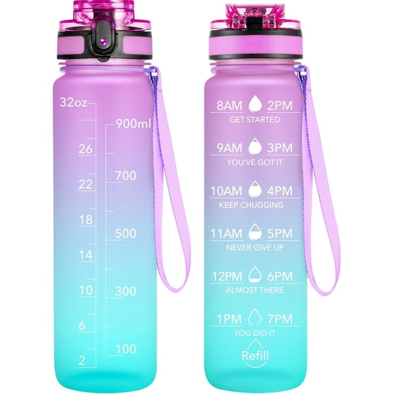 PrimeCook Shop Water Bottle, 32oz Motivational Sports Water Bottle with Time Marker - Times to Drink - Tritan, BPA Free, Wide Mouth Leakproof, Confectionery (1 Bottle)