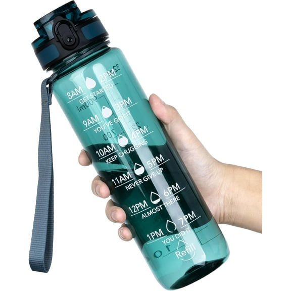 PrimeCook Shop Water Bottle, 32oz Motivational Sports Water Bottle with Time Marker - Times to Drink - Tritan, BPA Free, Wide Mouth Leakproof, Deep Sea (1 Bottle)