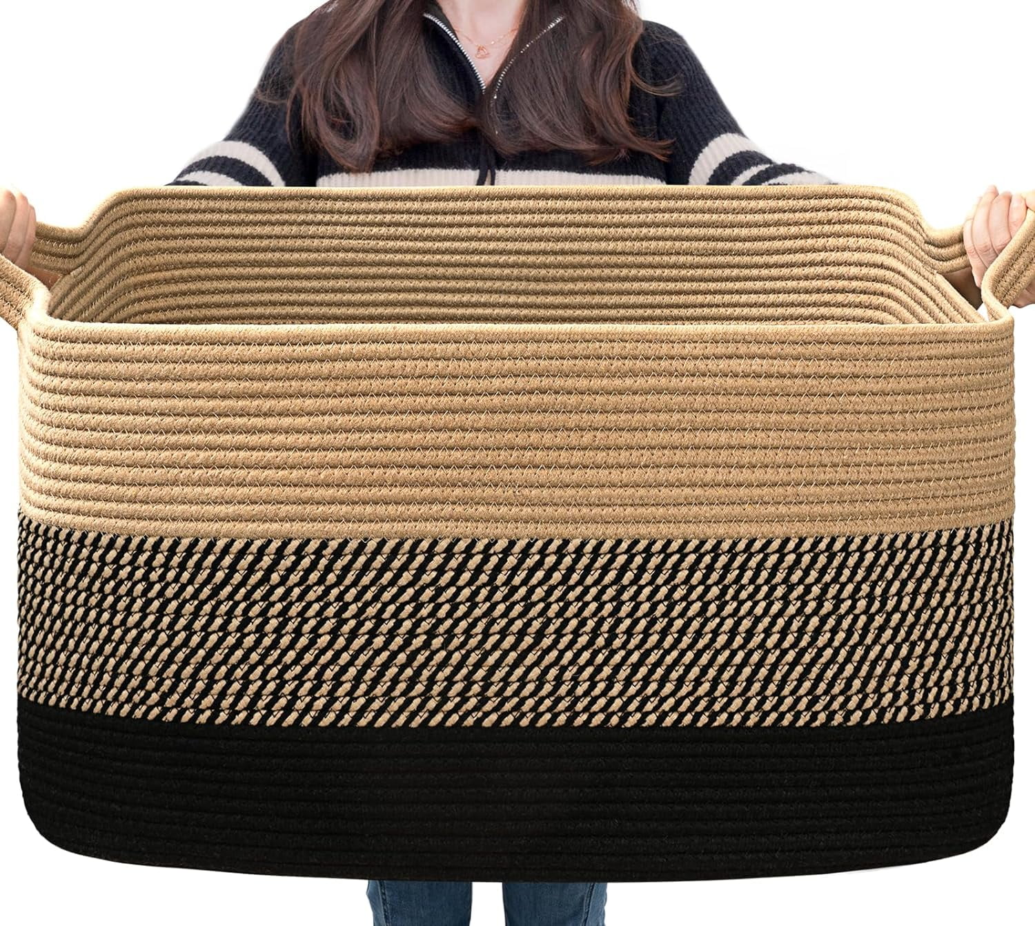 PrimeCook Shop Woven Blanket Basket, 21.6" x 14.9" x 11.8" Wicker Laundry Basket for Clothes, Storage Baskets for Organizing, Rectangle Rope Large Baskets for Storage, Black Jute