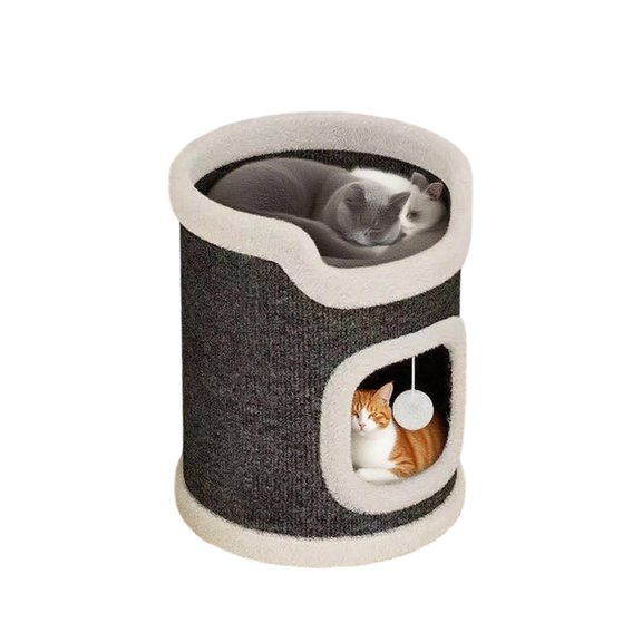 PrimeGo Cat Climbing Tower Cat Scratching Barrel with 3 Cat Caves Sisal Scratching Pad Multi-tier Cat Play Tower for Multi-cat Family