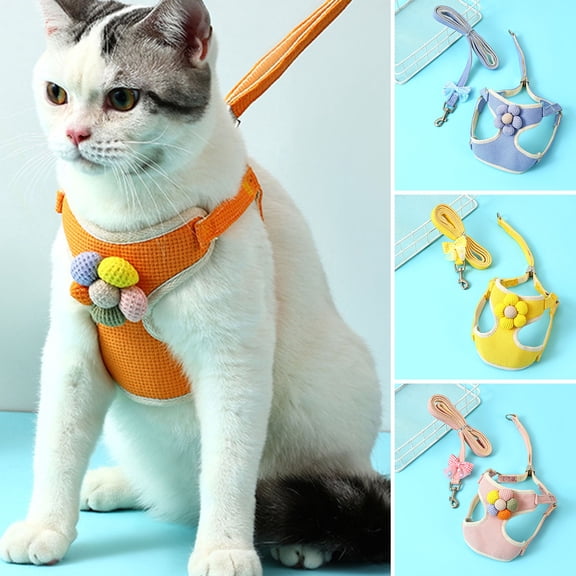 Primegos Pet Vest Harness with Leash 3D Colorful Flower Decor Step-in Adjustable Buckle No Pull Escape-proof Breathable Small Dog Puppy Cat Chest Harness Pet Supplies