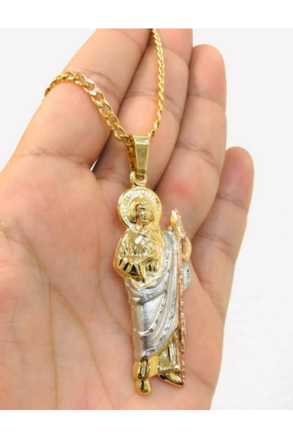 San Judas Pendant Necklace, 14K Gold Filled, 24" Cuban Link Chain, Includes Gift Box