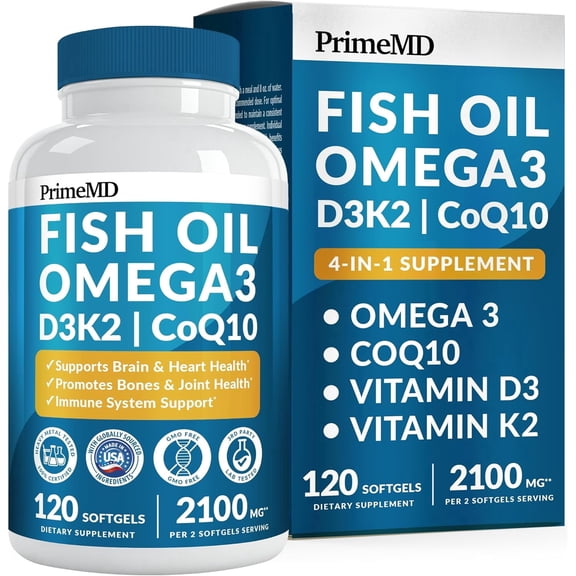 PrimeMD 4-in-1 Fish Oil Omega 3 Fatty Acid Supplement with Vitamin D3 & CoQ10, Lemon Flavor, 120 Count