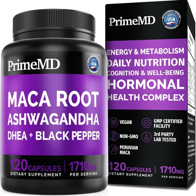PrimeMD 6-in-1 Organic Maca Root Capsules with Ashwagandha, DHEA and ...